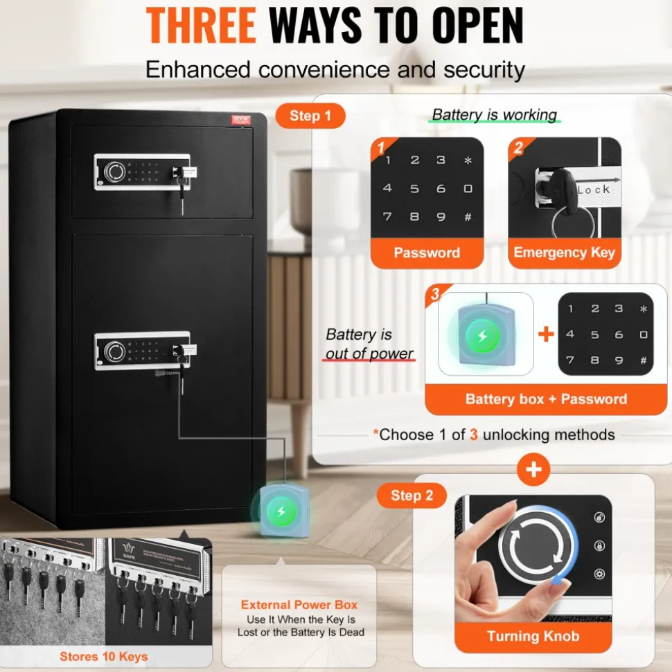 VEVOR Double Doors 7.2 cu.ft Safe Box with Key Lock & Password, Safe Lock Box with Fireproof Bag, Key Rack, LED Light and 2 Height Adjustable and Removable Divider for Money, Documents, Jewelry and Valuables, Black