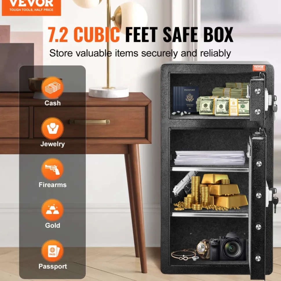 VEVOR Double Doors 7.2 cu.ft Safe Box with Key Lock & Password, Safe Lock Box with Fireproof Bag, Key Rack, LED Light and 2 Height Adjustable and Removable Divider for Money, Documents, Jewelry and Valuables, Black