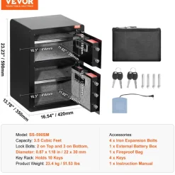 VEVOR Double Doors 3.5 cu.ft Safe Box with Key Lock & Password, Safe Lock Box with Fireproof Bag, Key Rack, LED Light and 2 Height Adjustable and Removable Divider for Money, Documents, Jewelry and Valuables, Black