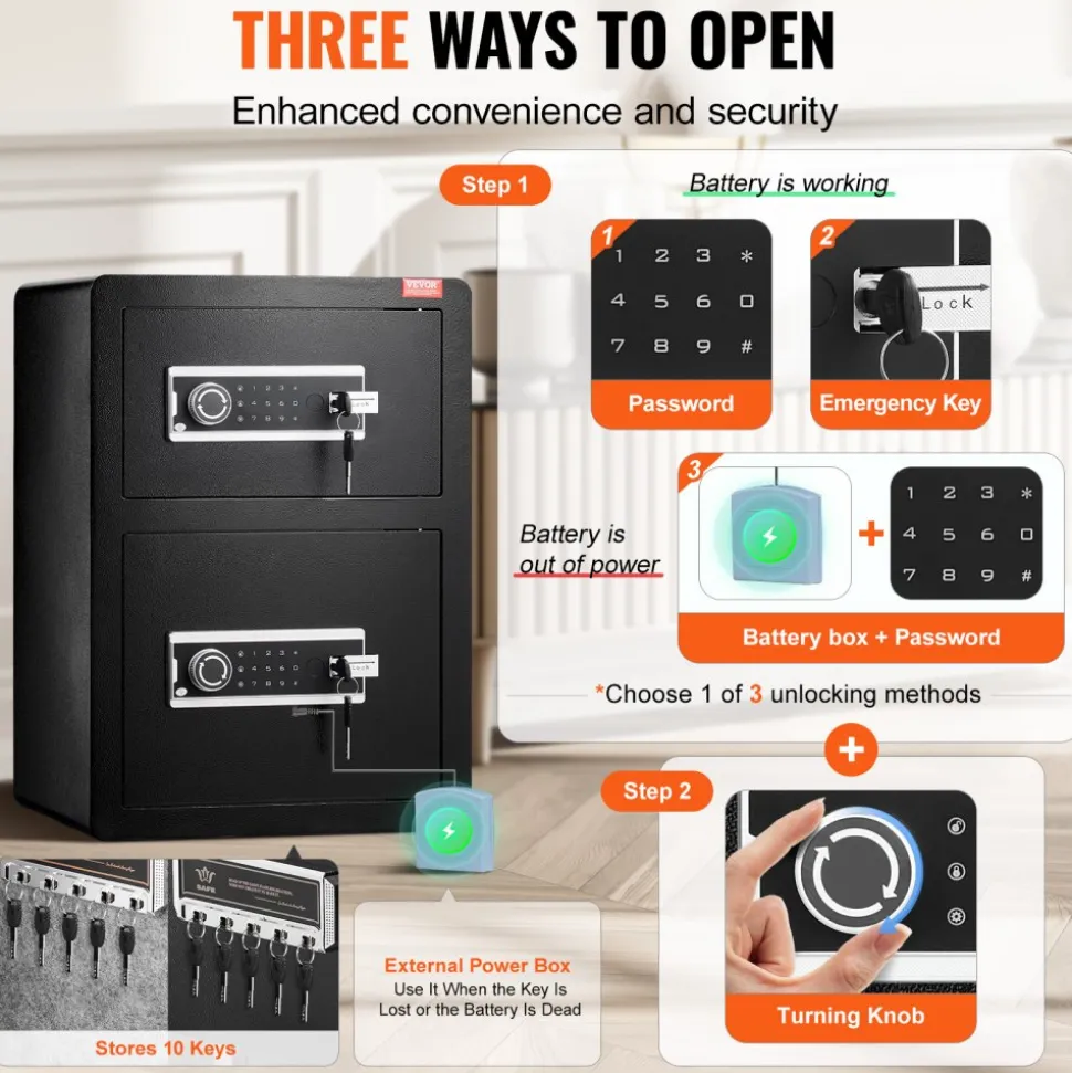 VEVOR Double Doors 3.5 cu.ft Safe Box with Key Lock & Password, Safe Lock Box with Fireproof Bag, Key Rack, LED Light and 2 Height Adjustable and Removable Divider for Money, Documents, Jewelry and Valuables, Black