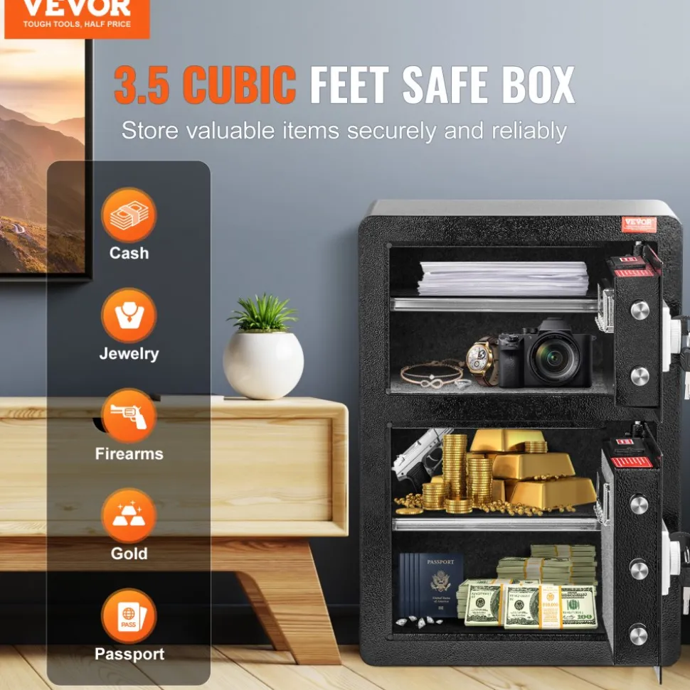 VEVOR Double Doors 3.5 cu.ft Safe Box with Key Lock & Password, Safe Lock Box with Fireproof Bag, Key Rack, LED Light and 2 Height Adjustable and Removable Divider for Money, Documents, Jewelry and Valuables, Black