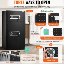 VEVOR Double Doors 5.5 cu.ft Safe Box with Key Lock & Password, Safe Lock Box with Fireproof Bag, Key Rack, LED Light, 2 Height Adjustable and Removable Divider and 1 Cabinet for Money, Documents, Jewelry and Valuables, Black