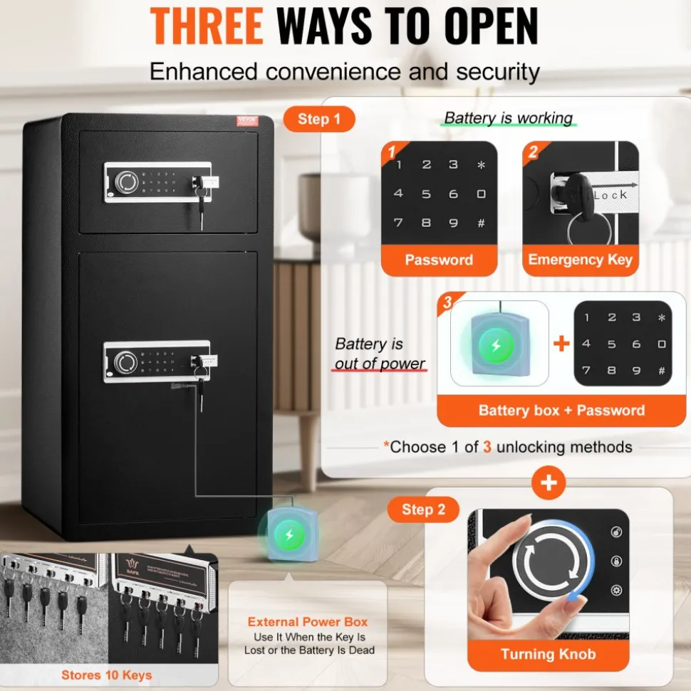 VEVOR Double Doors 5.5 cu.ft Safe Box with Key Lock & Password, Safe Lock Box with Fireproof Bag, Key Rack, LED Light, 2 Height Adjustable and Removable Divider and 1 Cabinet for Money, Documents, Jewelry and Valuables, Black