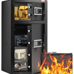 VEVOR Double Doors 5.5 cu.ft Safe Box with Key Lock & Password, Safe Lock Box with Fireproof Bag, Key Rack, LED Light, 2 Height Adjustable and Removable Divider and 1 Cabinet for Money, Documents, Jewelry and Valuables, Black