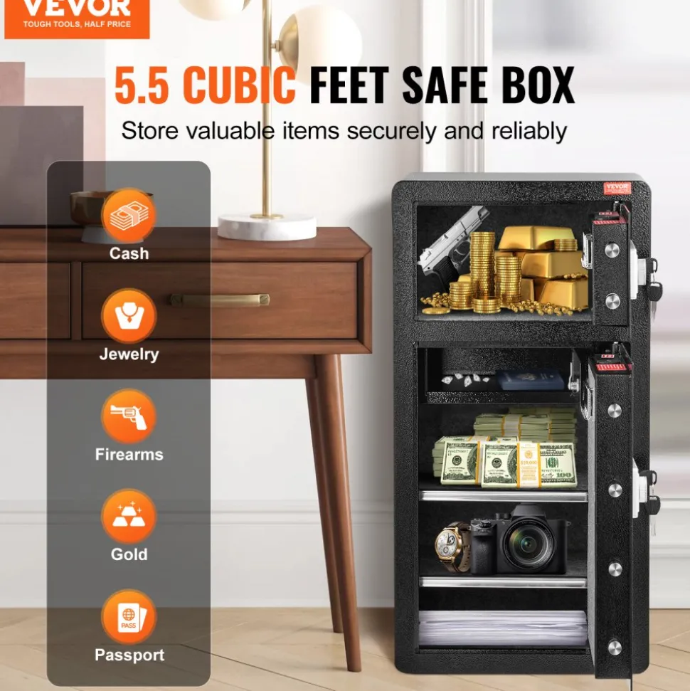VEVOR Double Doors 5.5 cu.ft Safe Box with Key Lock & Password, Safe Lock Box with Fireproof Bag, Key Rack, LED Light, 2 Height Adjustable and Removable Divider and 1 Cabinet for Money, Documents, Jewelry and Valuables, Black