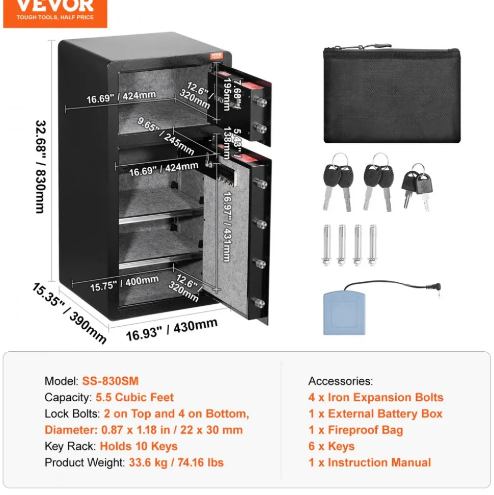 VEVOR Double Doors 5.5 cu.ft Safe Box with Key Lock & Password, Safe Lock Box with Fireproof Bag, Key Rack, LED Light, 2 Height Adjustable and Removable Divider and 1 Cabinet for Money, Documents, Jewelry and Valuables, Black
