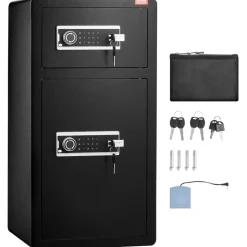 VEVOR Double Doors 5.5 cu.ft Safe Box with Key Lock & Password, Safe Lock Box with Fireproof Bag, Key Rack, LED Light, 2 Height Adjustable and Removable Divider and 1 Cabinet for Money, Documents, Jewelry and Valuables, Black