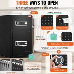 VEVOR Double Doors 4.5 cu.ft Safe Box with Key Lock & Password, Safe Lock Box with Fireproof Bag, Key Rack, LED Light and 2 Height Adjustable and Removable Divider for Money, Documents, Jewelry and Valuables, Black