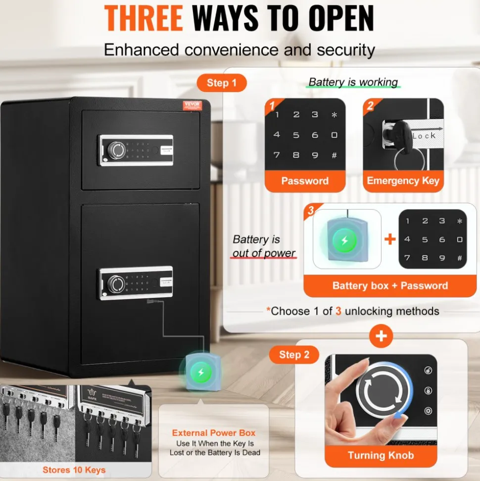 VEVOR Double Doors 4.5 cu.ft Safe Box with Key Lock & Password, Safe Lock Box with Fireproof Bag, Key Rack, LED Light and 2 Height Adjustable and Removable Divider for Money, Documents, Jewelry and Valuables, Black