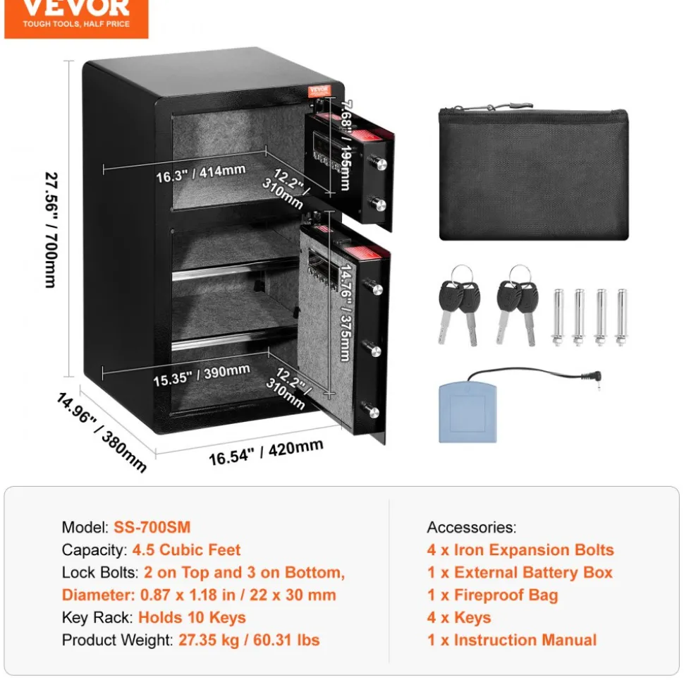 VEVOR Double Doors 4.5 cu.ft Safe Box with Key Lock & Password, Safe Lock Box with Fireproof Bag, Key Rack, LED Light and 2 Height Adjustable and Removable Divider for Money, Documents, Jewelry and Valuables, Black