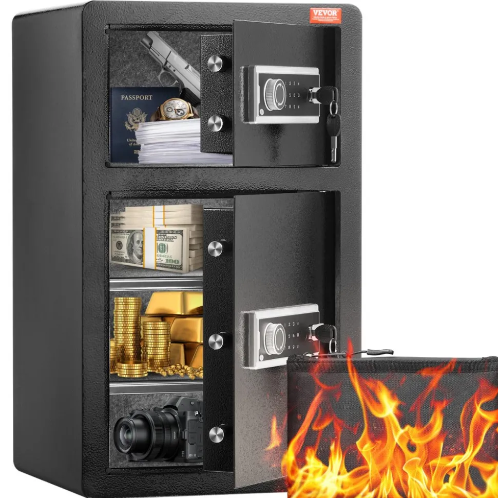 VEVOR Double Doors 4.5 cu.ft Safe Box with Key Lock & Password, Safe Lock Box with Fireproof Bag, Key Rack, LED Light and 2 Height Adjustable and Removable Divider for Money, Documents, Jewelry and Valuables, Black