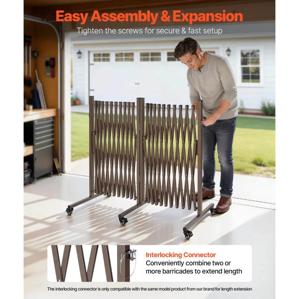VEVOR Double Expandable Barricades, 27FT Expandable Safety Barrier, 0-180° Rotatable Mobile Barricade with Locking Casters, Portable Folding Security Gate Traffic Fence for Patio Garden Stairway