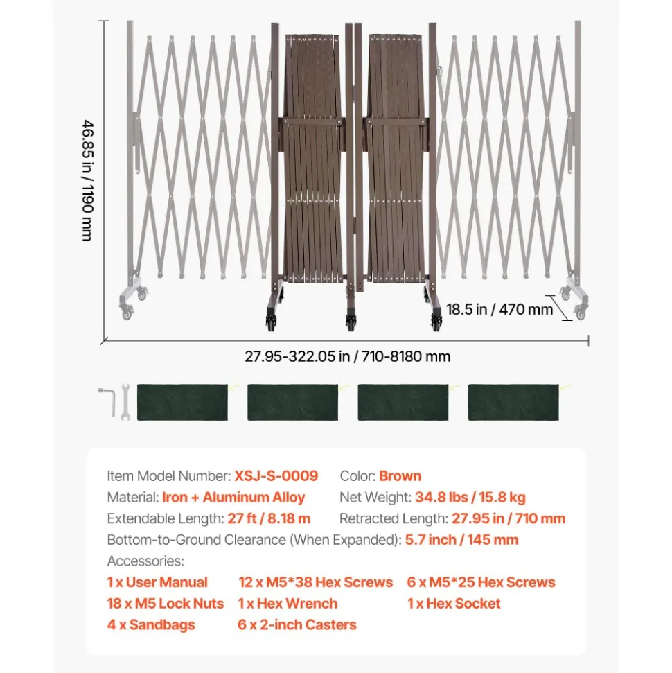VEVOR Double Expandable Barricades, 27FT Expandable Safety Barrier, 0-180° Rotatable Mobile Barricade with Locking Casters, Portable Folding Security Gate Traffic Fence for Patio Garden Stairway