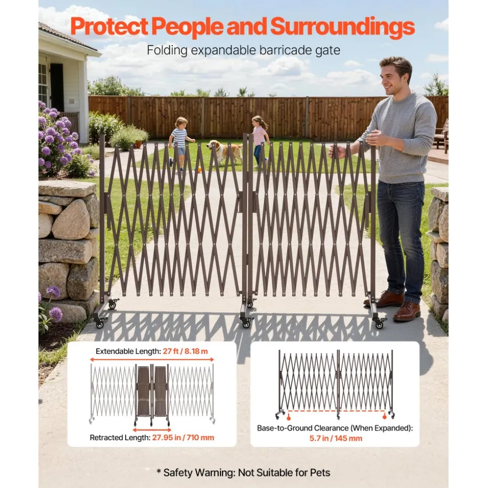 VEVOR Double Expandable Barricades, 27FT Expandable Safety Barrier, 0-180° Rotatable Mobile Barricade with Locking Casters, Portable Folding Security Gate Traffic Fence for Patio Garden Stairway