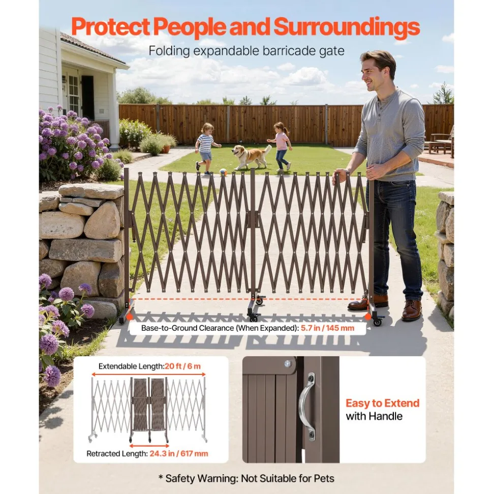 VEVOR Double Expandable Barricades, 20FT Expandable Safety Barrier, Flexible Mobile Barricade with Locking Casters, Portable Folding Security Gate Metal Traffic Fence for Patio Garden Stairway