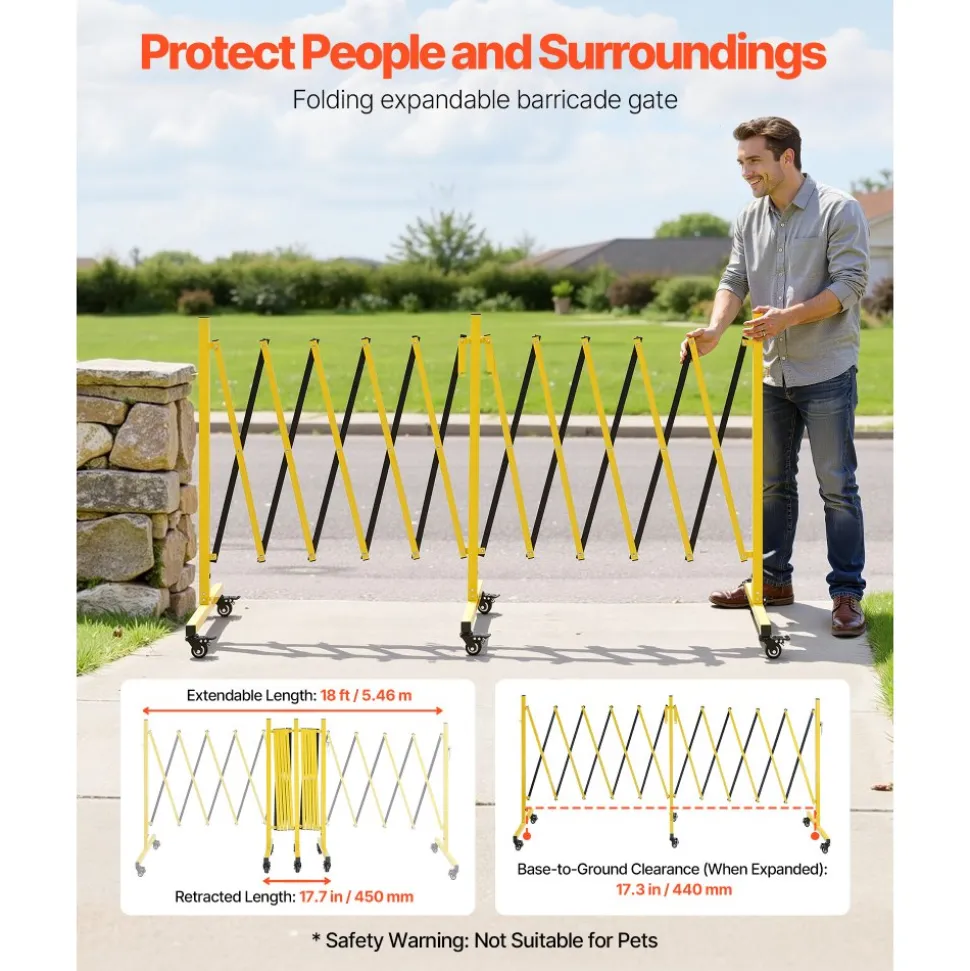 VEVOR Double Expandable Barricades, 18FT Industrial Safety Barriers, Flexible Mobile Barricade with Locking Casters, Portable Folding Security Gate Metal Traffic Fence for Driveway Warehouse Elevator