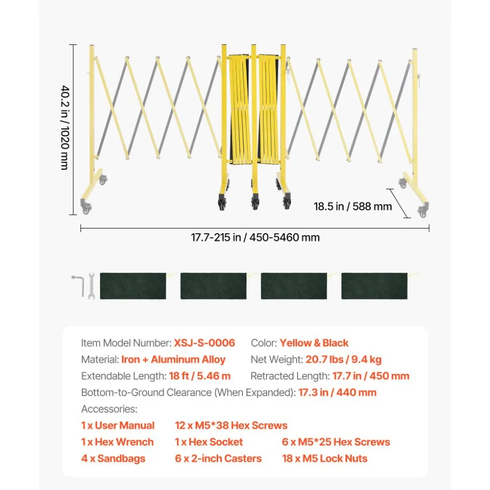 VEVOR Double Expandable Barricades, 18FT Industrial Safety Barriers, Flexible Mobile Barricade with Locking Casters, Portable Folding Security Gate Metal Traffic Fence for Driveway Warehouse Elevator