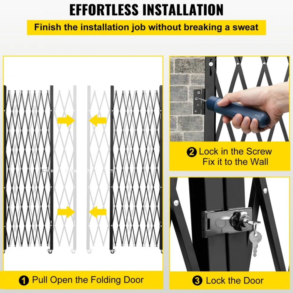 VEVOR Double Folding Security Gate, 6-1/2' H x 12' W Folding Door Gate, Steel Accordion Security Gate, Flexible Expanding Security Gate, 360° Rolling Barricade Gate, Scissor Gate or Door with Keys