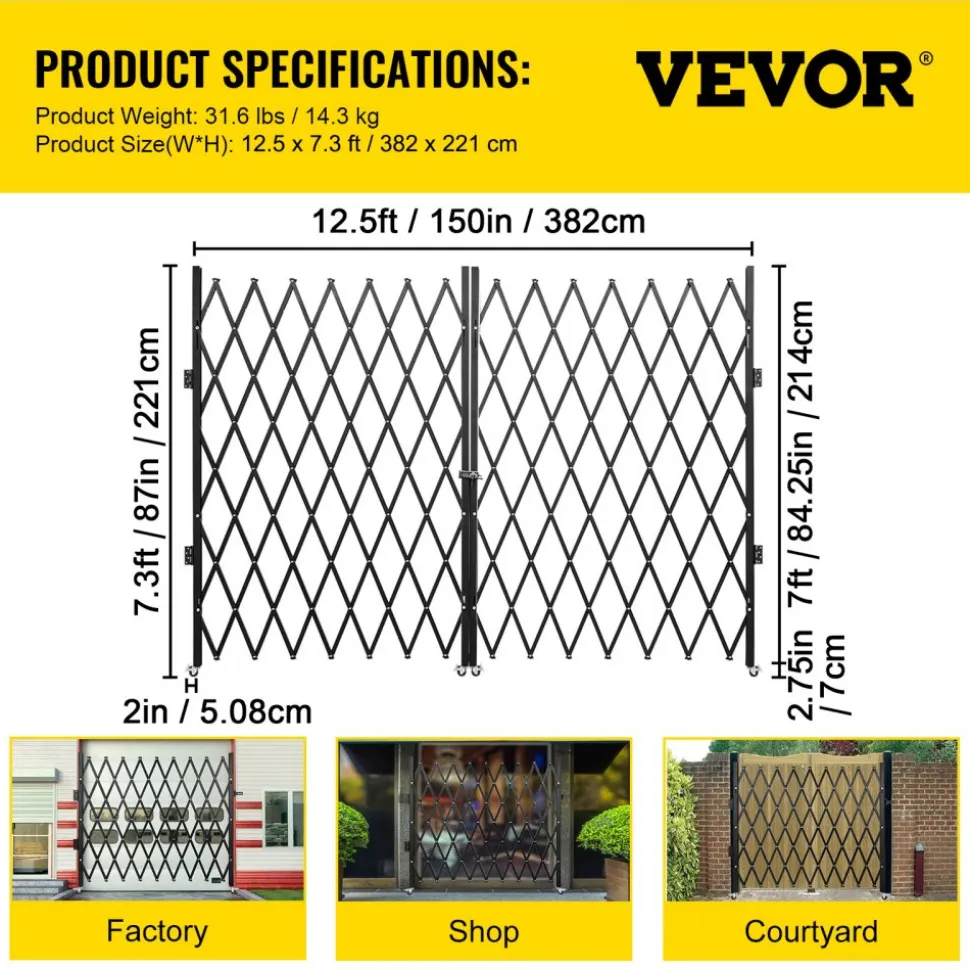 VEVOR Double Folding Security Gate, 6-1/2' H x 12' W Folding Door Gate, Steel Accordion Security Gate, Flexible Expanding Security Gate, 360° Rolling Barricade Gate, Scissor Gate or Door with Keys