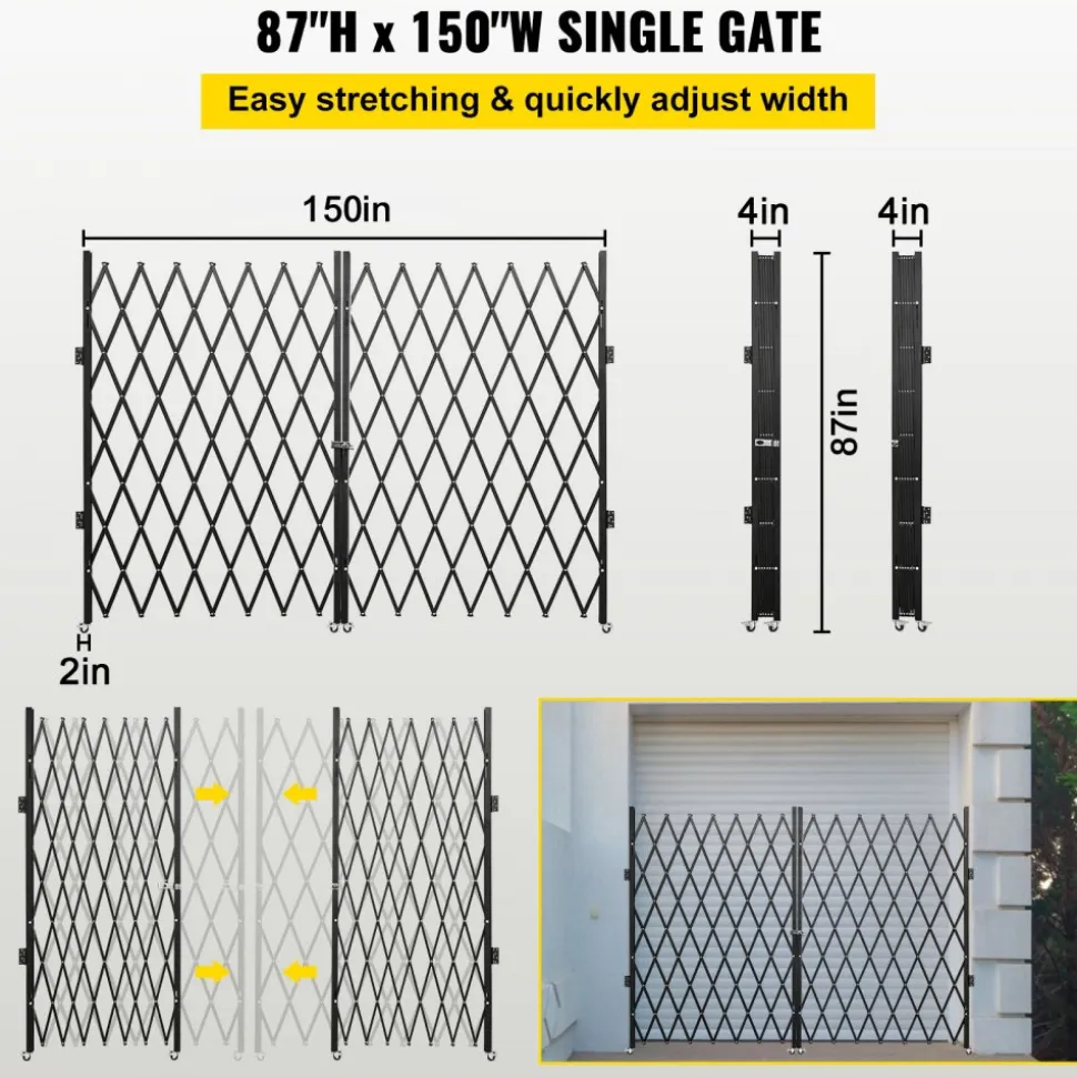 VEVOR Double Folding Security Gate, 6-1/2' H x 12' W Folding Door Gate, Steel Accordion Security Gate, Flexible Expanding Security Gate, 360° Rolling Barricade Gate, Scissor Gate or Door with Keys