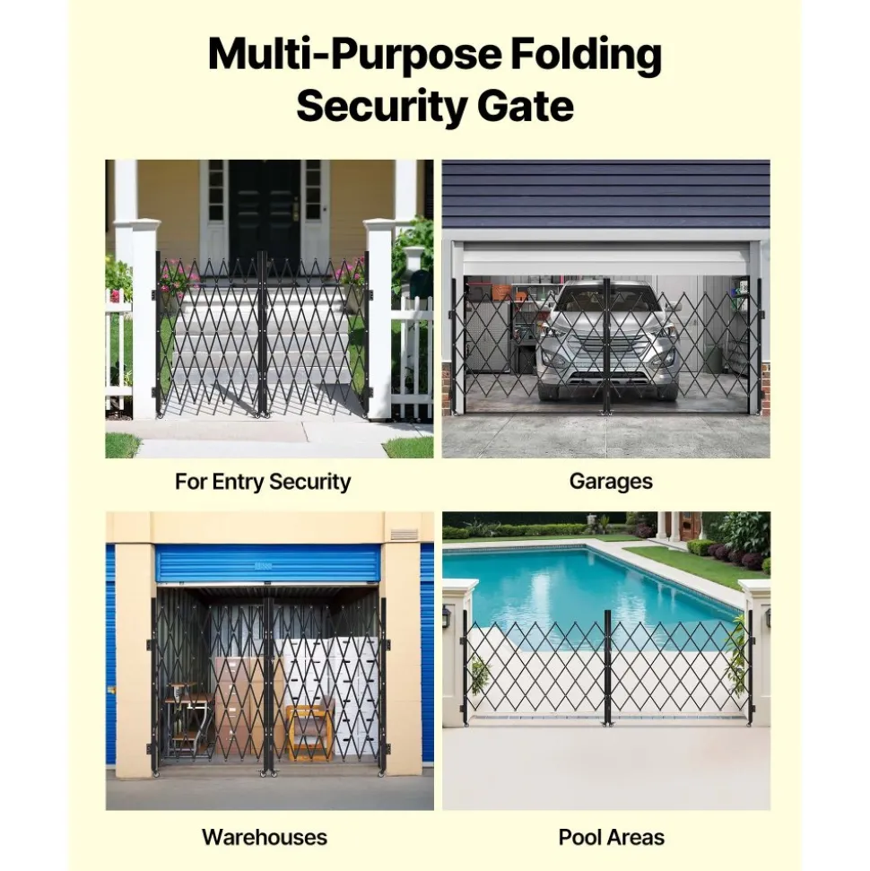 VEVOR Double Folding Security Gate, Lockable Scissor Gate with 360° Swivel Casters, Outdoor Barricade Steel Retractable Gates, for Entry Security, Garage, Warehouse & Pool, 145.67 x 63.19 in (W x H)