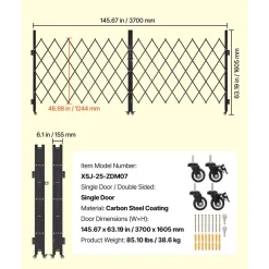 VEVOR Double Folding Security Gate, Lockable Scissor Gate with 360° Swivel Casters, Outdoor Barricade Steel Retractable Gates, for Entry Security, Garage, Warehouse & Pool, 145.67 x 63.19 in (W x H)