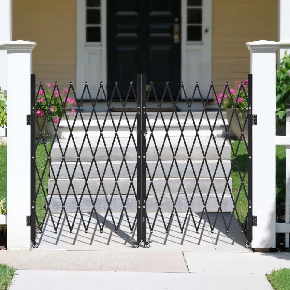 VEVOR Double Folding Security Gate, Lockable Scissor Gate with 360° Swivel Casters, Outdoor Barricade Steel Retractable Gates, for Entry Security, Garage, Warehouse & Pool, 145.67 x 63.19 in (W x H)