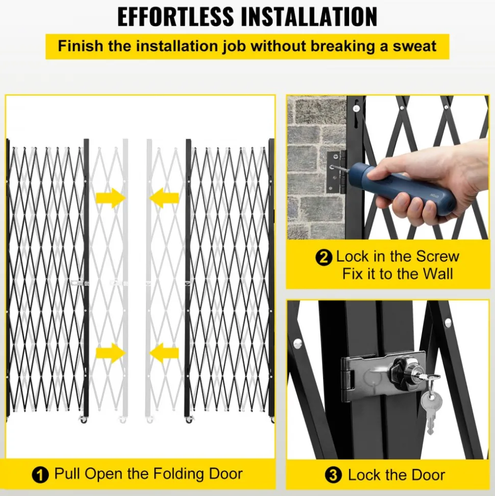 VEVOR Double Folding Security Gate, 5' H x 10' W Folding Door Gate, Steel Accordion Security Gate, Flexible Expanding Security Gate, 360° Rolling Barricade Gate, Scissor Gate or Door with Keys