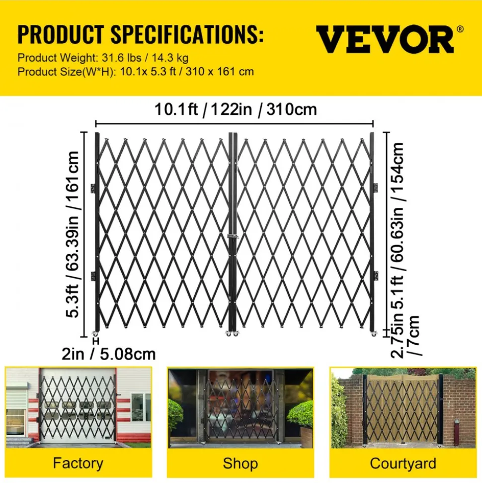 VEVOR Double Folding Security Gate, 5' H x 10' W Folding Door Gate, Steel Accordion Security Gate, Flexible Expanding Security Gate, 360° Rolling Barricade Gate, Scissor Gate or Door with Keys