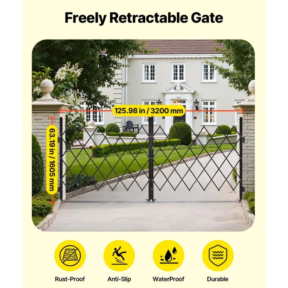 VEVOR Double Folding Security Gate, Lockable Scissor Gate with 360° Swivel Casters, Outdoor Barricade Steel Retractable Gates, for Entry Security, Garage, Warehouse & Pool, 125.98 x 63.19 in (W x H)