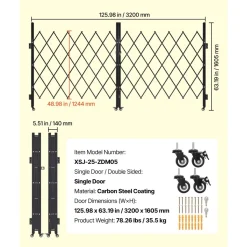 VEVOR Double Folding Security Gate, Lockable Scissor Gate with 360° Swivel Casters, Outdoor Barricade Steel Retractable Gates, for Entry Security, Garage, Warehouse & Pool, 125.98 x 63.19 in (W x H)