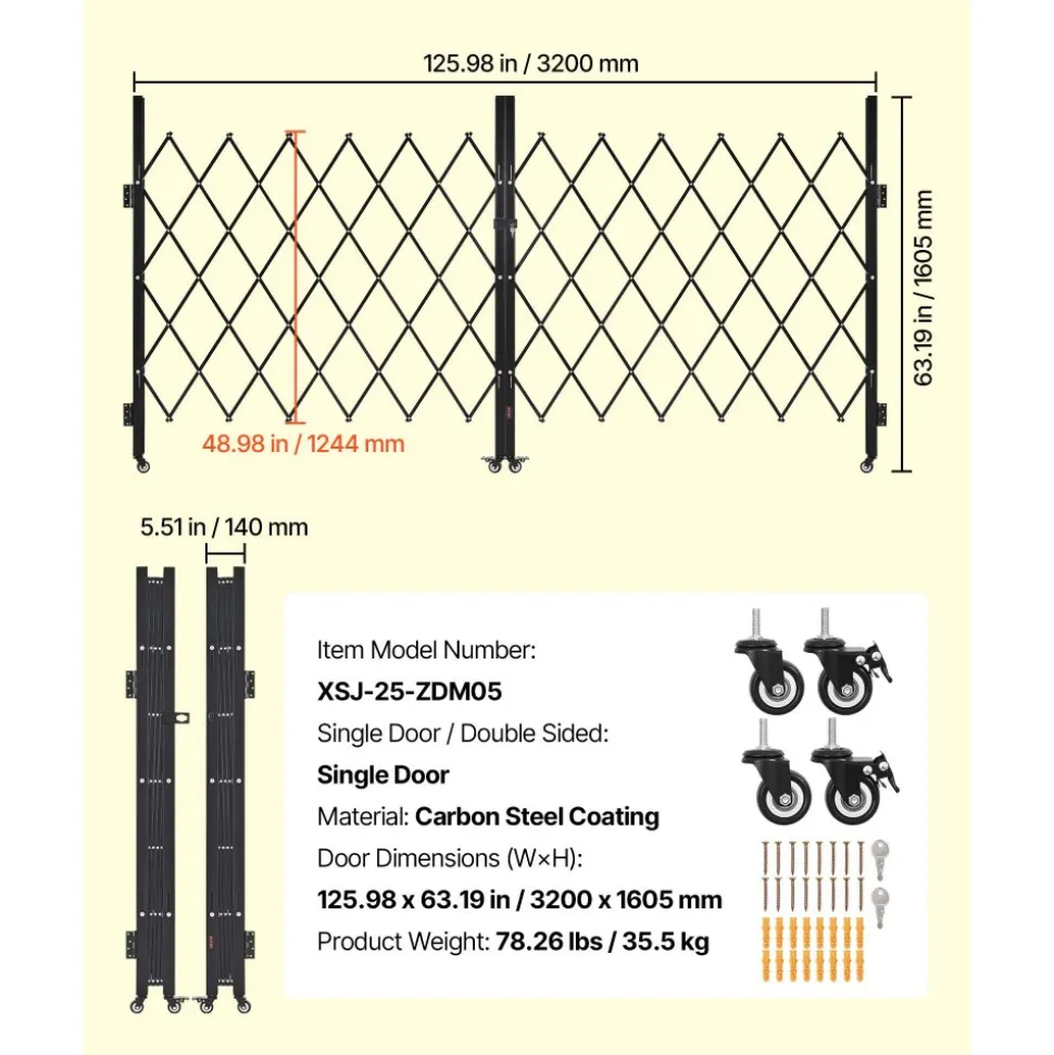 VEVOR Double Folding Security Gate, Lockable Scissor Gate with 360° Swivel Casters, Outdoor Barricade Steel Retractable Gates, for Entry Security, Garage, Warehouse & Pool, 125.98 x 63.19 in (W x H)