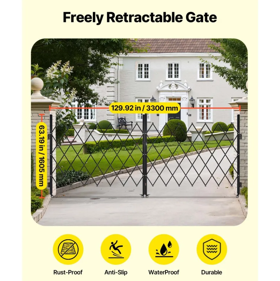 VEVOR Double Folding Security Gate, Lockable Scissor Gate with 360° Swivel Casters, Outdoor Barricade Steel Retractable Gates, for Entry Security, Garage, Warehouse & Pool, 129.92 x 63.19 in (W x H)