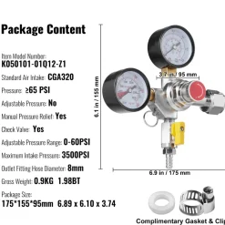 VEVOR Double Gauge Regulator, CO2 Regulator Gauge with 0-60PSI, Heavy Duty CO2 Gauge Gas System, Draft Beer Regulator with Check Valve, Adjustable Pressure Regulator for Draft Beer Homebrew, CGA320