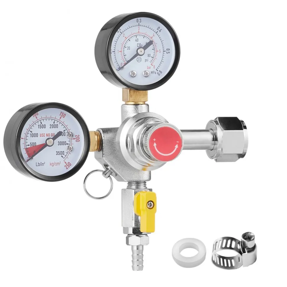 VEVOR Double Gauge Regulator, CO2 Regulator Gauge with 0-60PSI, Heavy Duty CO2 Gauge Gas System, Draft Beer Regulator with Check Valve, Adjustable Pressure Regulator for Draft Beer Homebrew, CGA320
