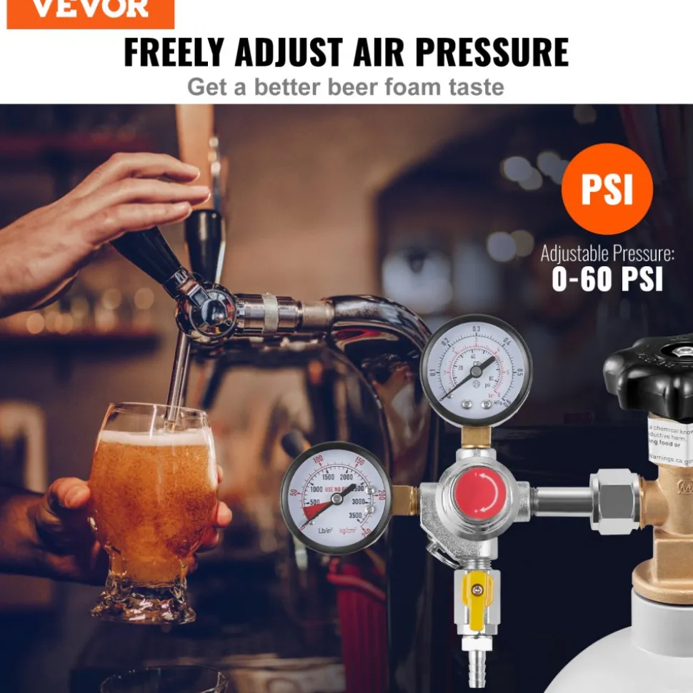 VEVOR Double Gauge Regulator, CO2 Regulator Gauge with 0-60PSI, Heavy Duty CO2 Gauge Gas System, Draft Beer Regulator with Check Valve, Adjustable Pressure Regulator for Draft Beer Homebrew, CGA320