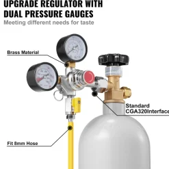 VEVOR Double Gauge Regulator, CO2 Regulator Gauge with 0-60PSI, Heavy Duty CO2 Gauge Gas System, Draft Beer Regulator with Check Valve, Adjustable Pressure Regulator for Draft Beer Homebrew, CGA320