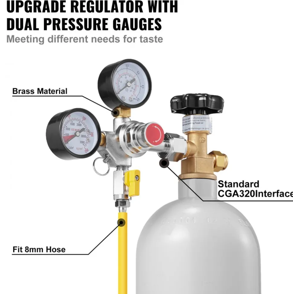 VEVOR Double Gauge Regulator, CO2 Regulator Gauge with 0-60PSI, Heavy Duty CO2 Gauge Gas System, Draft Beer Regulator with Check Valve, Adjustable Pressure Regulator for Draft Beer Homebrew, CGA320