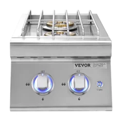 VEVOR Double Grilling Side Burners, 2 x 17,000BTU Liquid Propane Side Burner for Outdoor Kitchen, Convertible to Natural Gas, 304 Stainless Steel Built-in Double Burners with LED for BBQ Grill Island