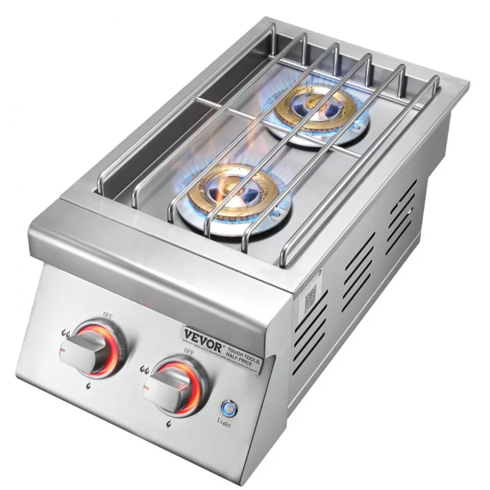 VEVOR Double Grilling Side Burners, 2 x 17,000BTU Liquid Propane Side Burner for Outdoor Kitchen, Convertible to Natural Gas, 304 Stainless Steel Built-in Double Burners with LED for BBQ Grill Island