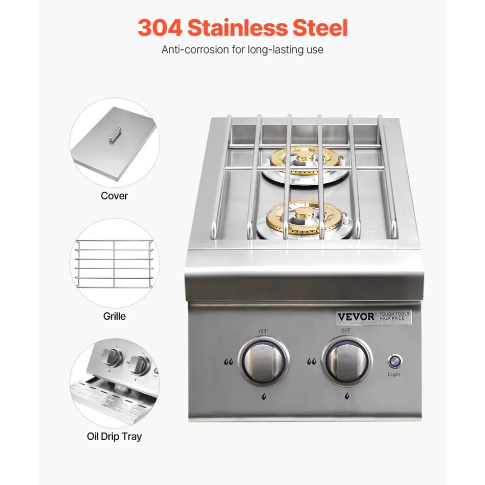 VEVOR Double Grilling Side Burners, 2 x 17,000BTU Liquid Propane Side Burner for Outdoor Kitchen, Convertible to Natural Gas, 304 Stainless Steel Built-in Double Burners with LED for BBQ Grill Island