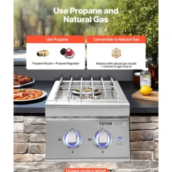 VEVOR Double Grilling Side Burners, 2 x 17,000BTU Liquid Propane Side Burner for Outdoor Kitchen, Convertible to Natural Gas, 304 Stainless Steel Built-in Double Burners with LED for BBQ Grill Island