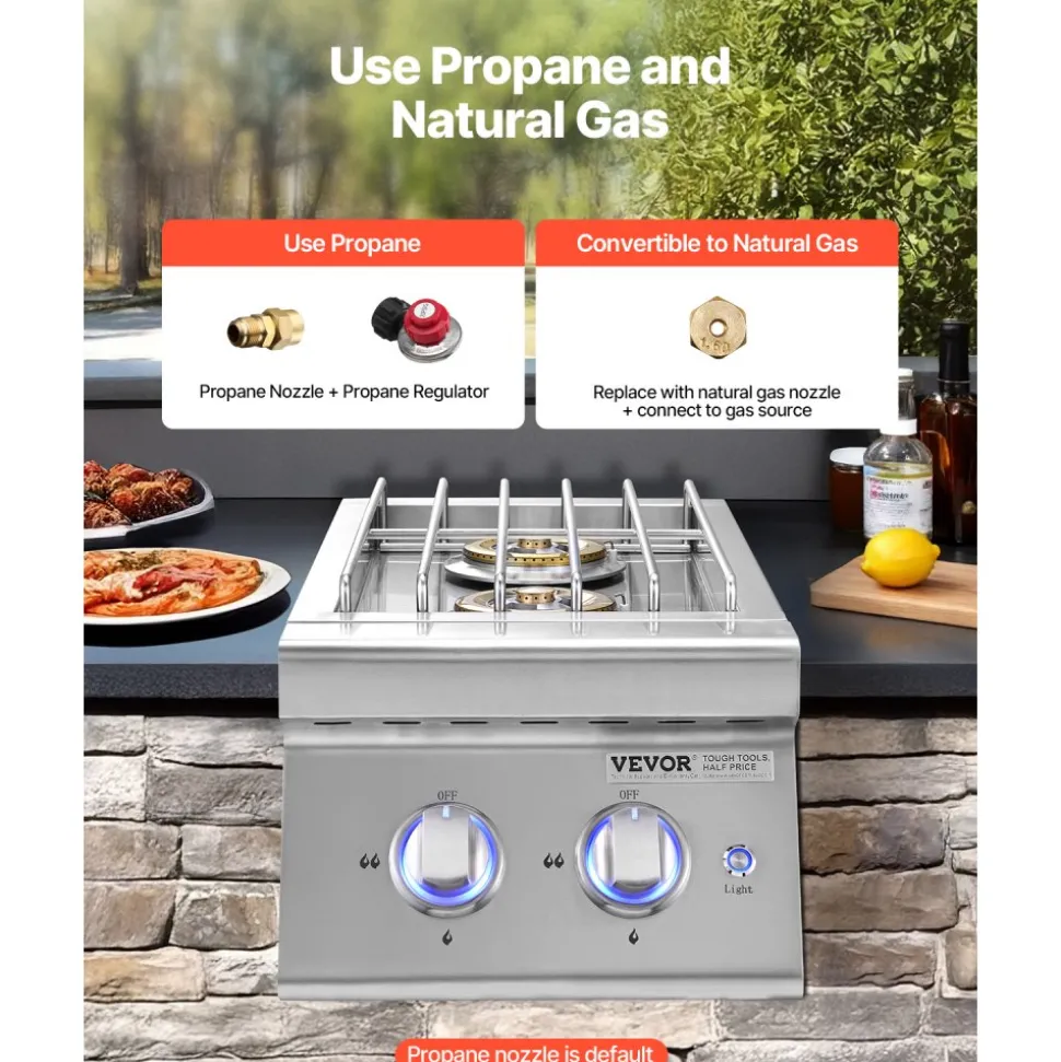 VEVOR Double Grilling Side Burners, 2 x 17,000BTU Liquid Propane Side Burner for Outdoor Kitchen, Convertible to Natural Gas, 304 Stainless Steel Built-in Double Burners with LED for BBQ Grill Island