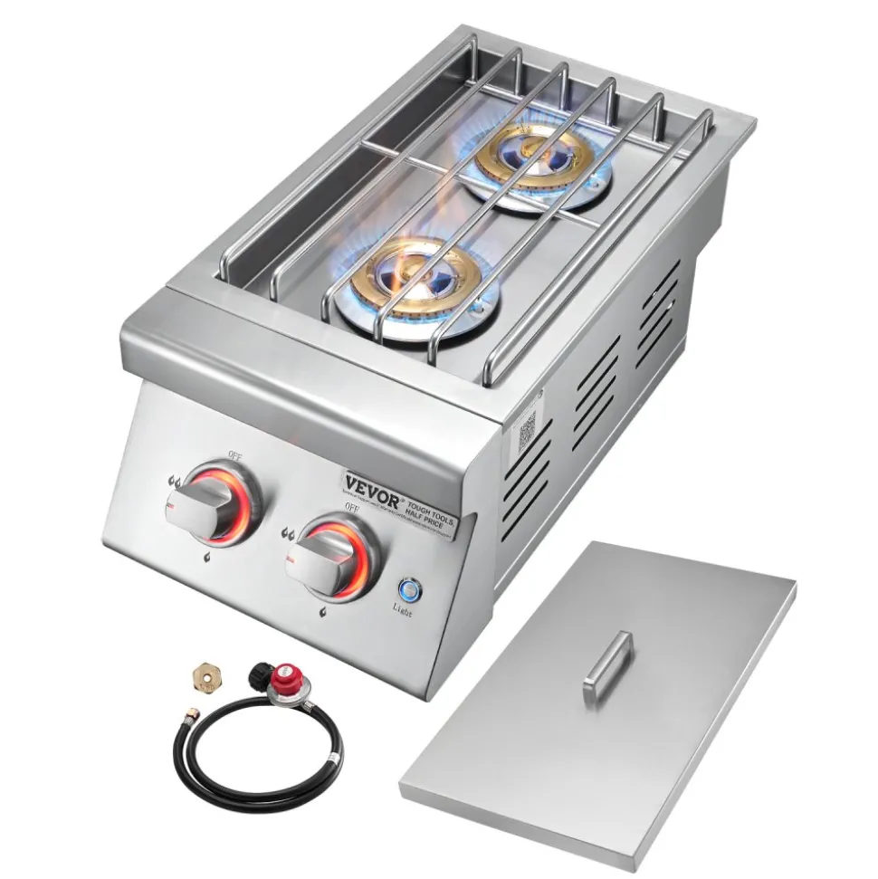 VEVOR Double Grilling Side Burners, 2 x 17,000BTU Liquid Propane Side Burner for Outdoor Kitchen, Convertible to Natural Gas, 304 Stainless Steel Built-in Double Burners with LED for BBQ Grill Island