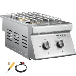 VEVOR Double Grilling Side Burners, 2 x 15,000BTU Liquid Propane Side Burner for Outdoor Kitchen, Convertible to Natural Gas, 304 Stainless Steel Built-in Double Grill Burners for BBQ Grill Island
