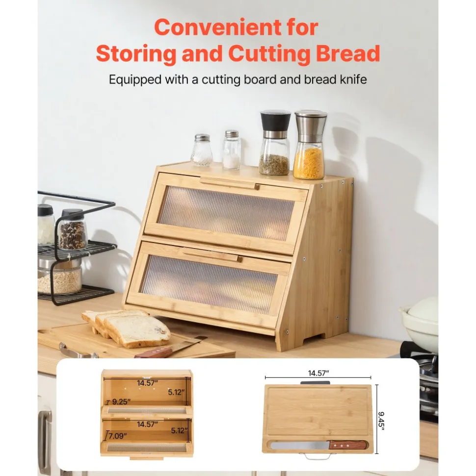 VEVOR Double Layer Bread Box for Kitchen Counter, Large Capacity Bamboo Bread Storage Container, Farmhouse Wooden Breadbox for Homemade Bread, Storage Holder Bin with Acrylic Wavy Door Panel, Natural