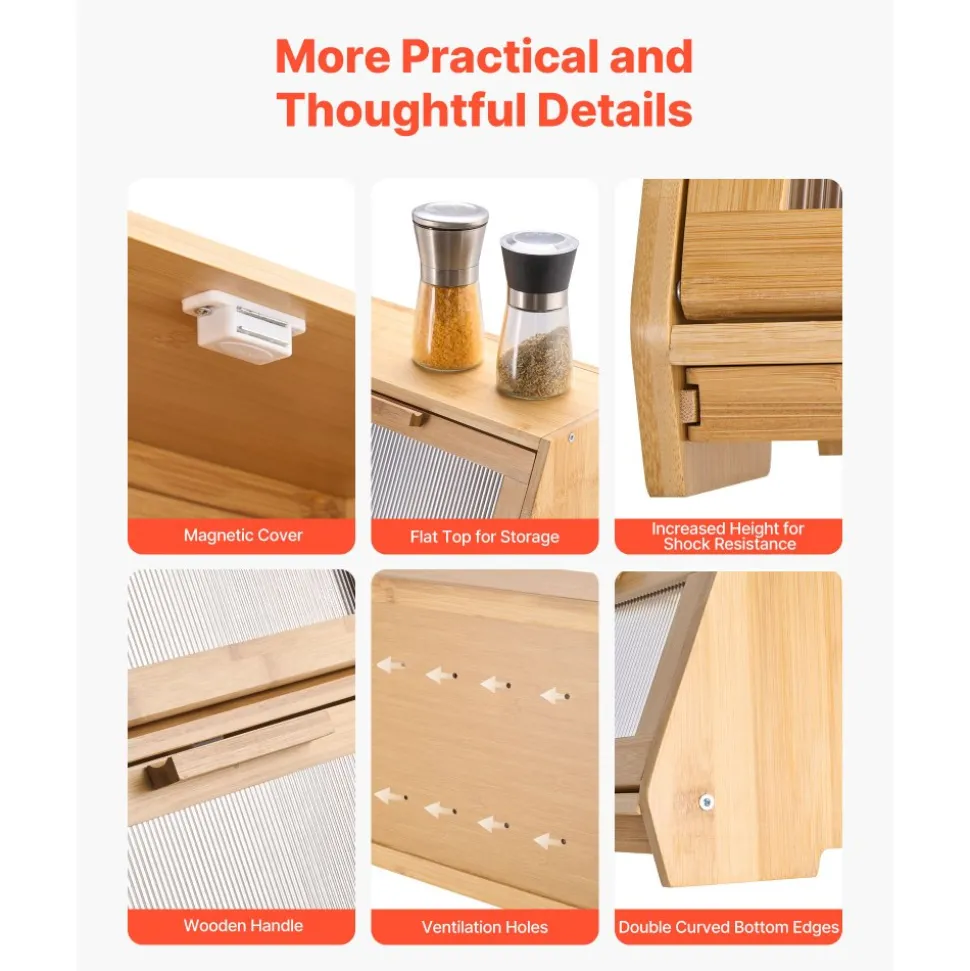 VEVOR Double Layer Bread Box for Kitchen Counter, Large Capacity Bamboo Bread Storage Container, Farmhouse Wooden Breadbox for Homemade Bread, Storage Holder Bin with Acrylic Wavy Door Panel, Natural
