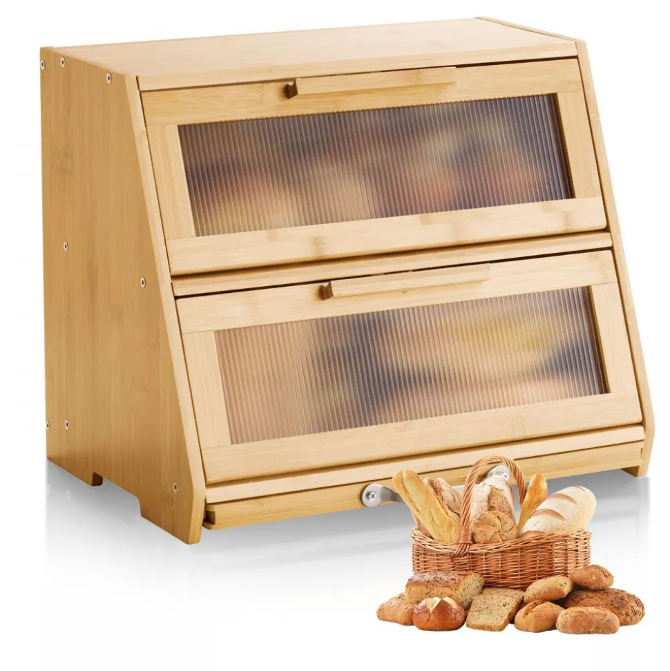 VEVOR Double Layer Bread Box for Kitchen Counter, Large Capacity Bamboo Bread Storage Container, Farmhouse Wooden Breadbox for Homemade Bread, Storage Holder Bin with Acrylic Wavy Door Panel, Natural