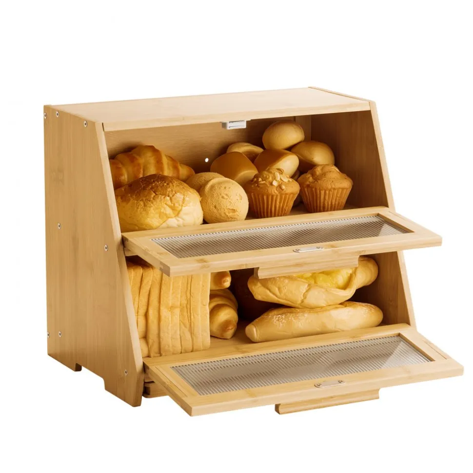 VEVOR Double Layer Bread Box for Kitchen Counter, Large Capacity Bamboo Bread Storage Container, Farmhouse Wooden Breadbox for Homemade Bread, Storage Holder Bin with Acrylic Wavy Door Panel, Natural