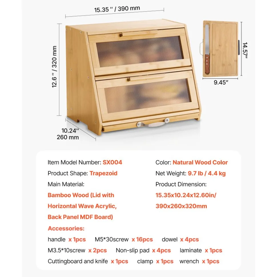 VEVOR Double Layer Bread Box for Kitchen Counter, Large Capacity Bamboo Bread Storage Container, Farmhouse Wooden Breadbox for Homemade Bread, Storage Holder Bin with Acrylic Wavy Door Panel, Natural